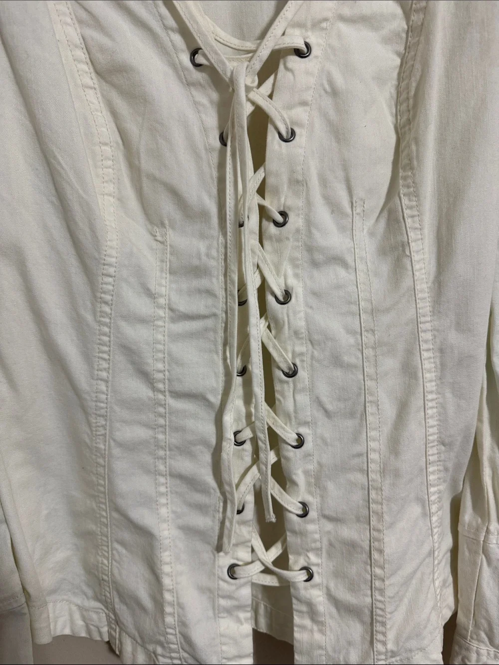 Free People Denim Lace-Up Peasant Blouse Cream size M Ren Festival Boho Retro